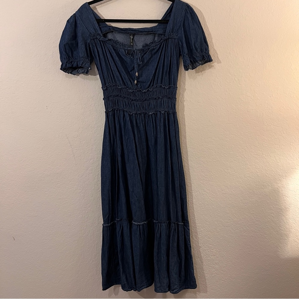 Indigo & Lace Blue Cotton Midi Dress Cap Sleeve Tie Neck Size M Denim